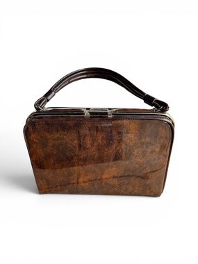 Vintage Kent Brown Leather Top Handle Handbag Structured Frame Purse Retro 60s